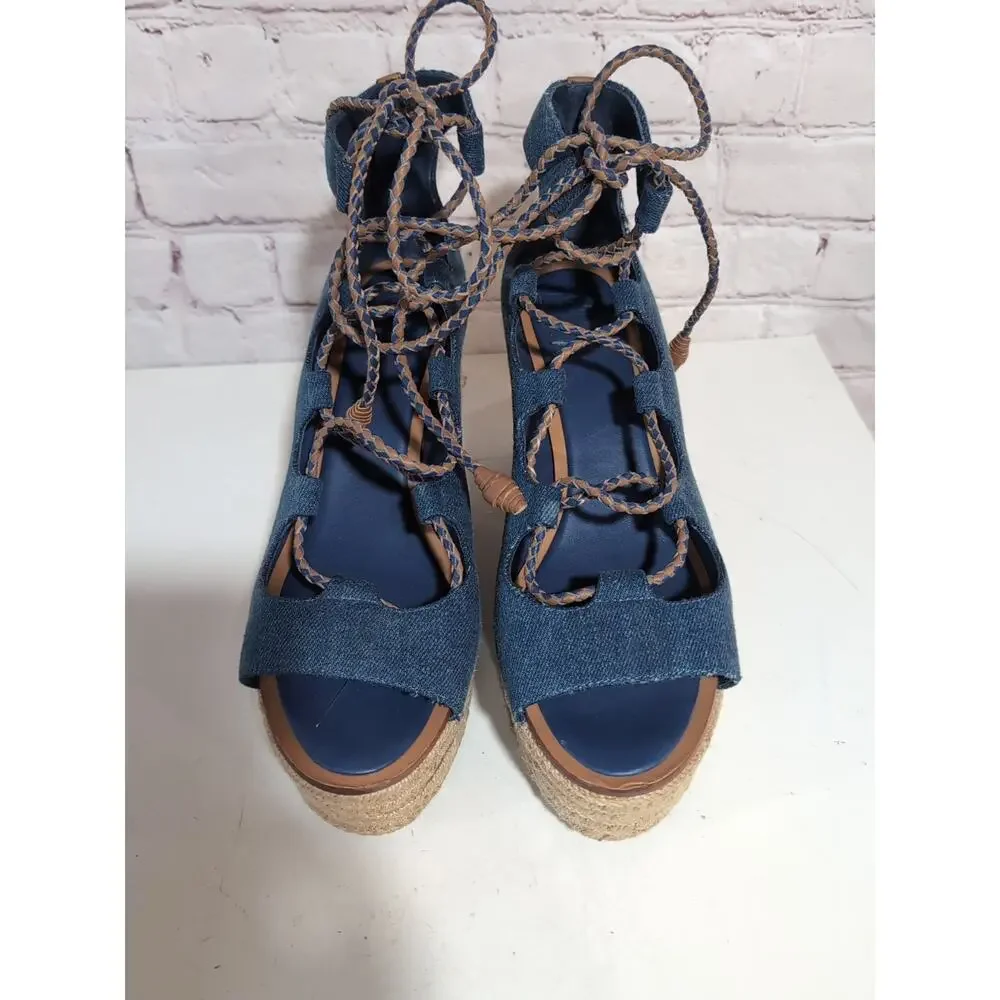 Tory Burch 8.5 Positano Platform Espadrille Heeled Lace Up Denim Blue